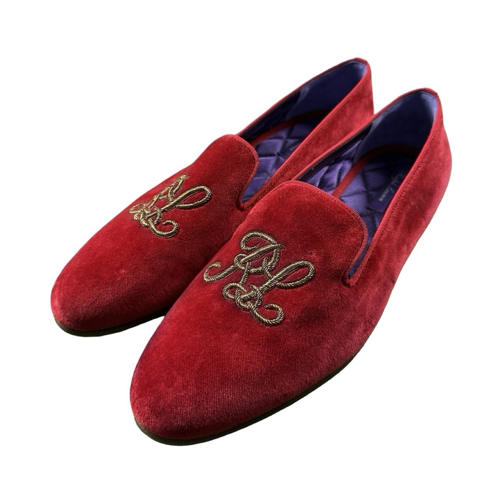 Ralph Lauren Purple Label Alonzo Red Velour RL Spellout Slipper 39.5 US 8.5